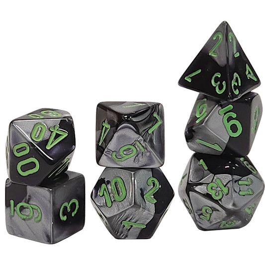CHESSEX DICE:  7CT Gemini: Mini-Polyhedral Black-Grey/green (CHX 20645)