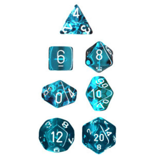 CHESSEX DICE:  7CT TRANSLUCENT DICE SET, TEAL/WHITE (CHX 23085)