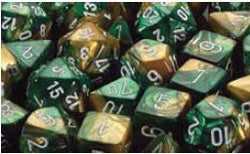 CHESSEX DICE: 7CT GEMINI GOLD-GREEN W/WHITE DICE SET (CHX26425)