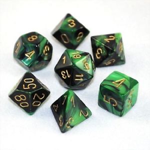 CHESSEX DICE:  7CT GEMINI BLACK-GREEN W/GOLD DICE SET (CHX 26439)