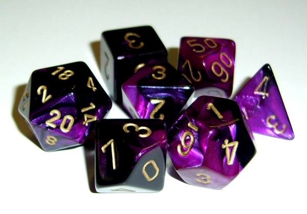 CHESSEX DICE:  7CT GEMINI BLACK-PURPLE W/GOLD DICE SET (CHX 26440)