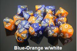 CHESSEX DICE:  7CT GEMINI POLY DICE SET, BLUE-ORANGE WITH WHITE (CHX26452)