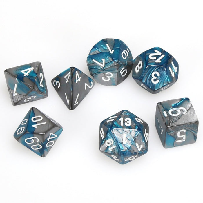 CHESSEX DICE:  7CT Gemini Steel-Teal w/ White Dice Set (CHX 26456)