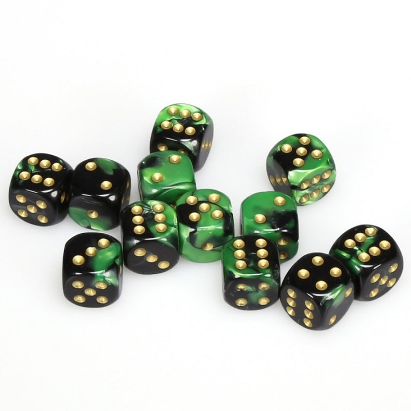 CHESSEX DICE: D6 -- 16MM GEMINI DICE, BLACK-GREEN/GOLD; 12CT (CHX 26639)