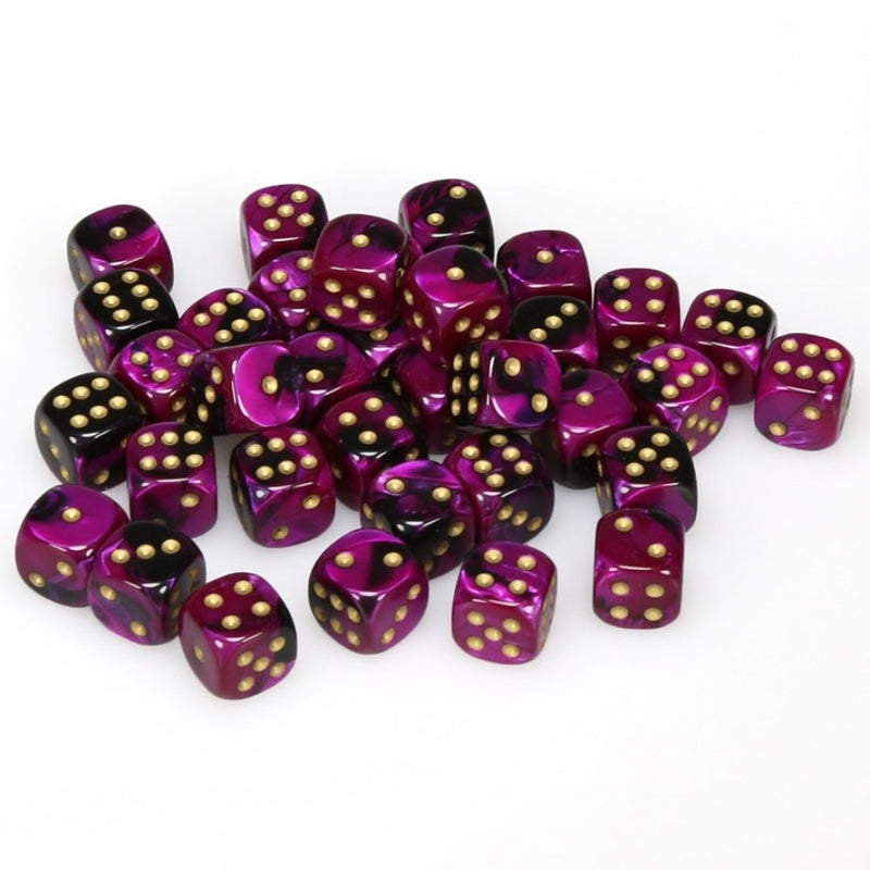CHESSEX DICE: D6 -- 12MM GEMINI DICE, BLACK-PURPLE/GOLD, 36CT (CHX 26840)