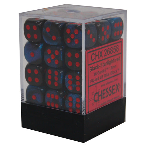 CHESSEX DICE: D6 -- 12MM GEMINI BLACK/STARLIGHT W/ RED, 36CT (CHX 26858)