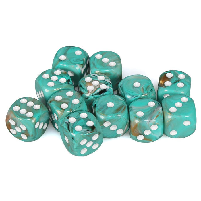 CHESSEX DICE: D6 -- 16MM MARBLE DICE, OXI-COPPER/WHITE, 12CT (CHX27603)