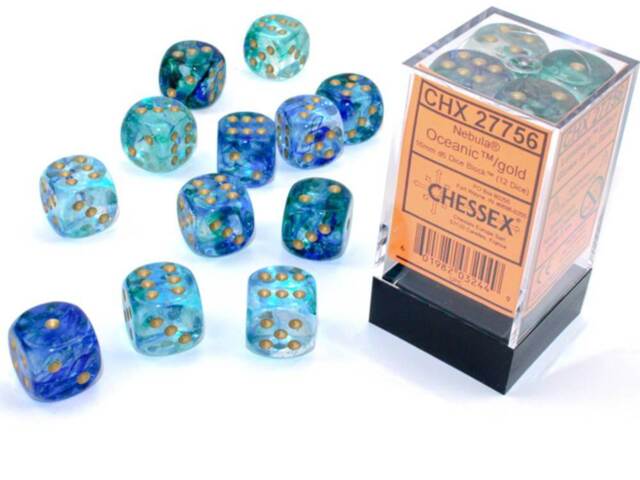 CHESSEX DICE: D6 -- 16MM Nebula Luminary Dice, Oceanic/Gold, 12CT (CHX 27756)