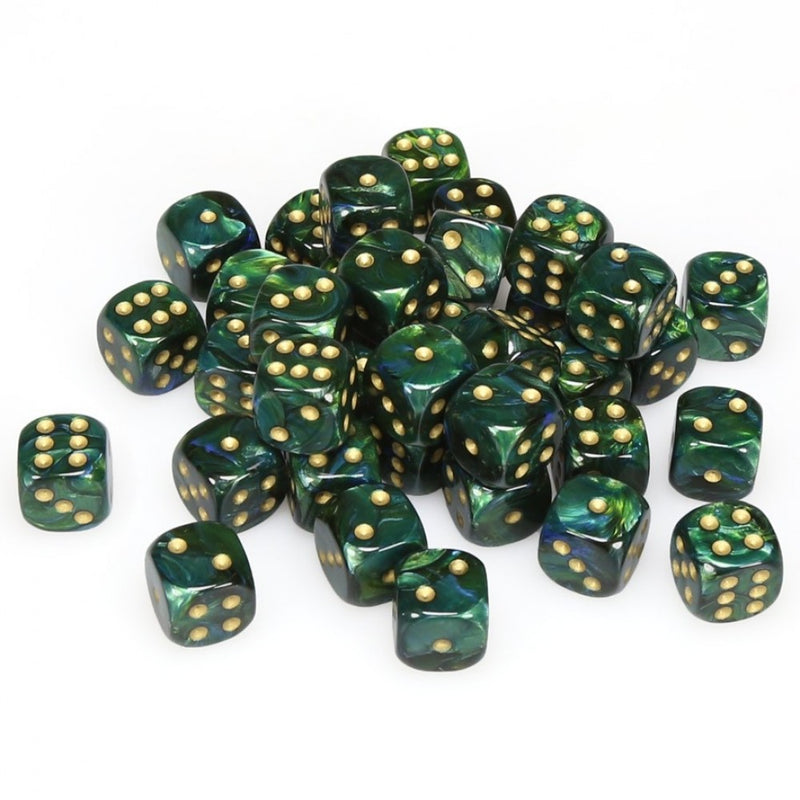 CHESSEX DICE: D6 -- 12MM Scarab Dice, Jade/Gold, 36CT (CHX 27815)