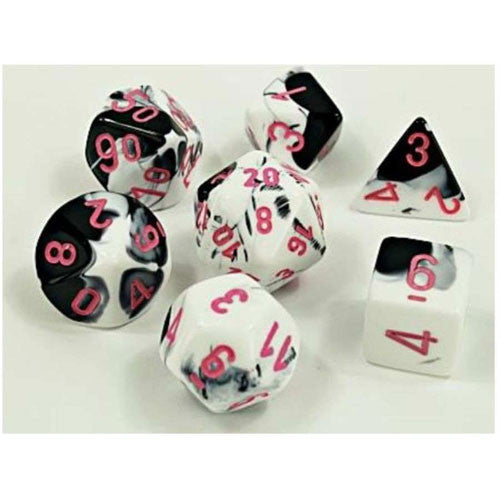 CHESSEX LAB DICE 4 GEMINI: POL Y BLACK-WHITE/PINK 7CT (CHX30043)