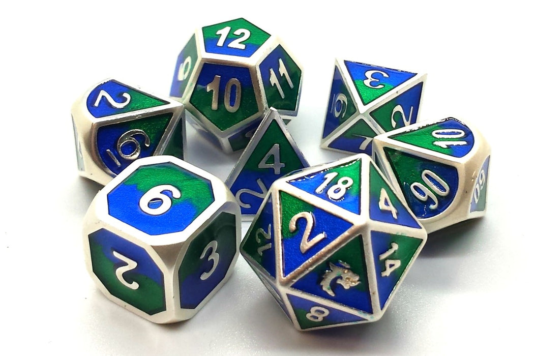 Old School 7 Piece D&D RPG Metal Dice Set: Dragon Forged - Platinum Blue & Green