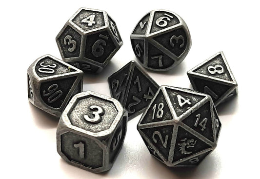 Old School 7 Piece DnD RPG Metal Dice Set: Dwarven Forged - Ancient Silver