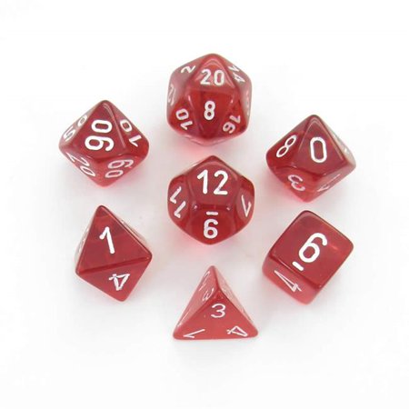 CHESSEX DICE:  7CT TRANSLUCENT DICE SET, RED/WHITE (CHX 23074)