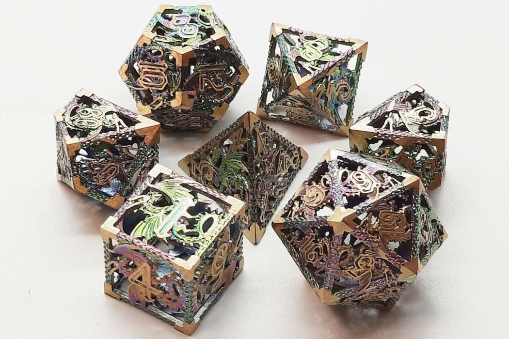 Old School 7 Piece DnD RPG Metal Dice Set: Hollow Dragon Dice - Spectral w/ Gold