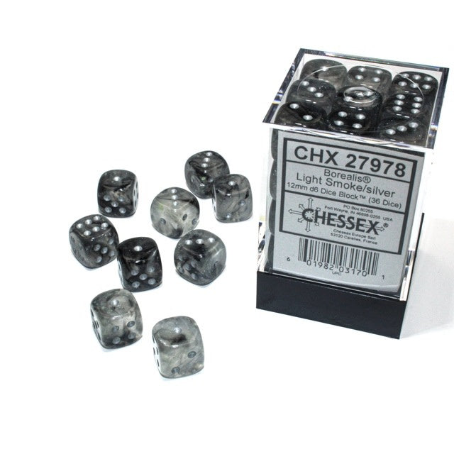 CHESSEX DICE: D6 -- 12MM Borealis Dice, Light Smoke/Silver Luminary, 36CT (CHX 27978)