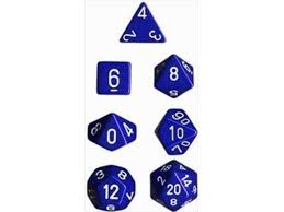 CHESSEX DICE:  7CT OPAQUE BLUE/WHITE DICE SET (CHX25406)