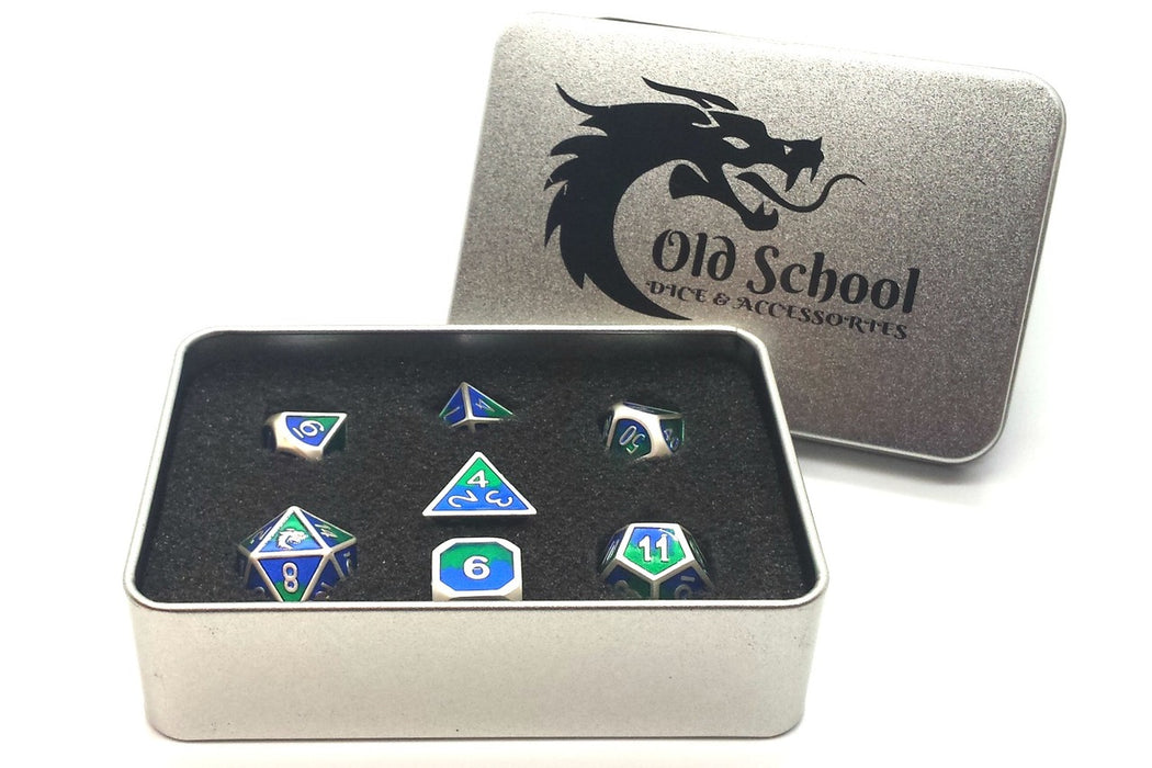 Old School 7 Piece D&D RPG Metal Dice Set: Dragon Forged - Platinum Blue & Green