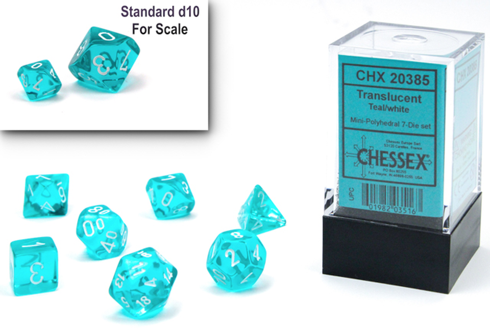 CHESSEX DICE:  7CT Mini-Polyhedral Set: Translucent Teal/White  (CHX 20385)
