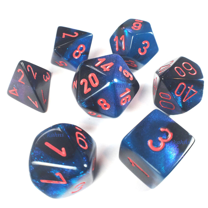 CHESSEX DICE:  7CT GEMINI BLACK/STARLIGHT W/ RED DICE SET (CHX 26458)