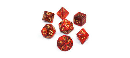 CHESSEX DICE:  7CT SCARAB DICE SET, SCARLET/GOLD (CHX 27414)