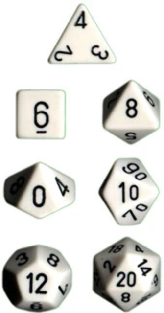 CHESSEX DICE:  7CT OPAQUE WHITE/BLACK DICE SET (CHX25401)