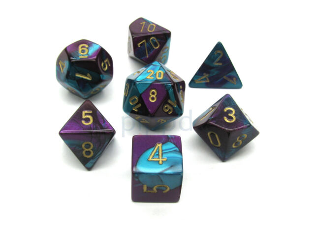 CHESSEX DICE:  7CT GEMINI PURPLE-TEAL W/GOLD DICE SET (CHX 26449)