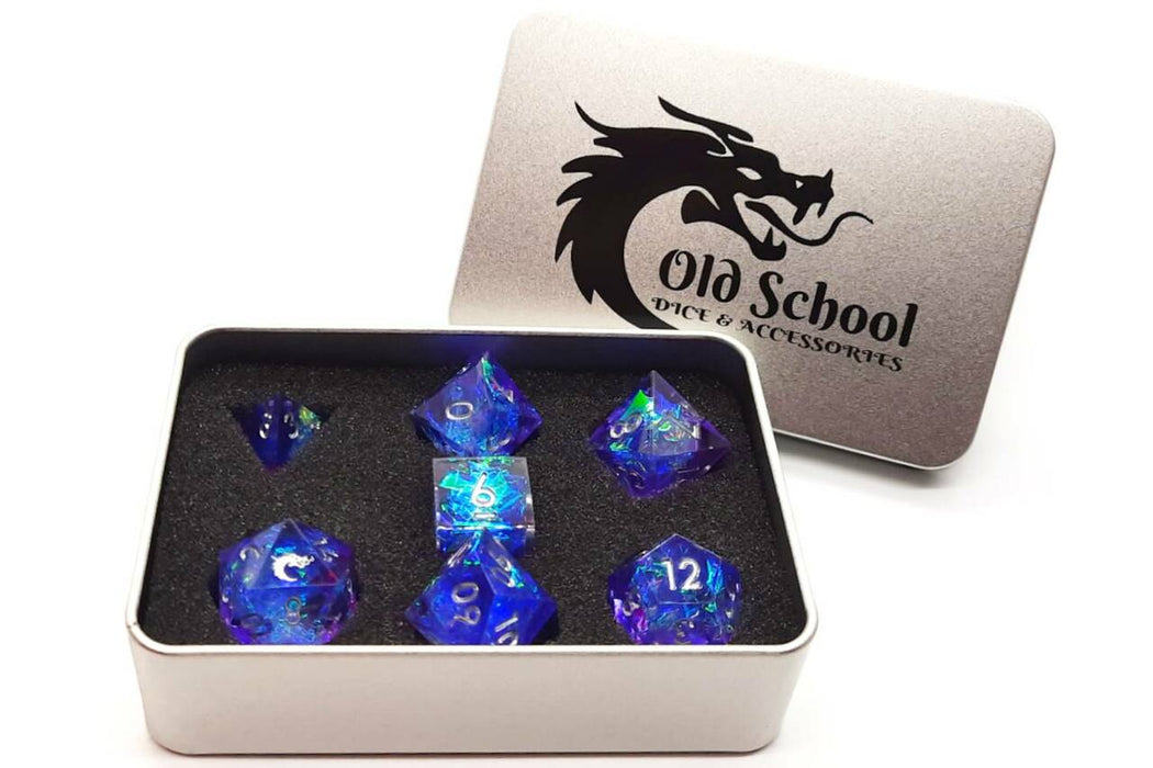 Old School 7 Piece DnD RPG Dice Set: Sharp Edged - Sapphire Burst