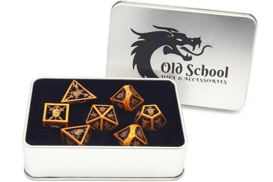 Old School 7 Piece DnD RPG Metal Dice Set: Hollow Sword & Shield Dice - Brushed Brass