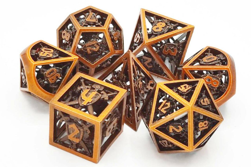 Old School 7 Piece DnD RPG Metal Dice Set: Hollow Sword & Shield Dice - Brushed Brass